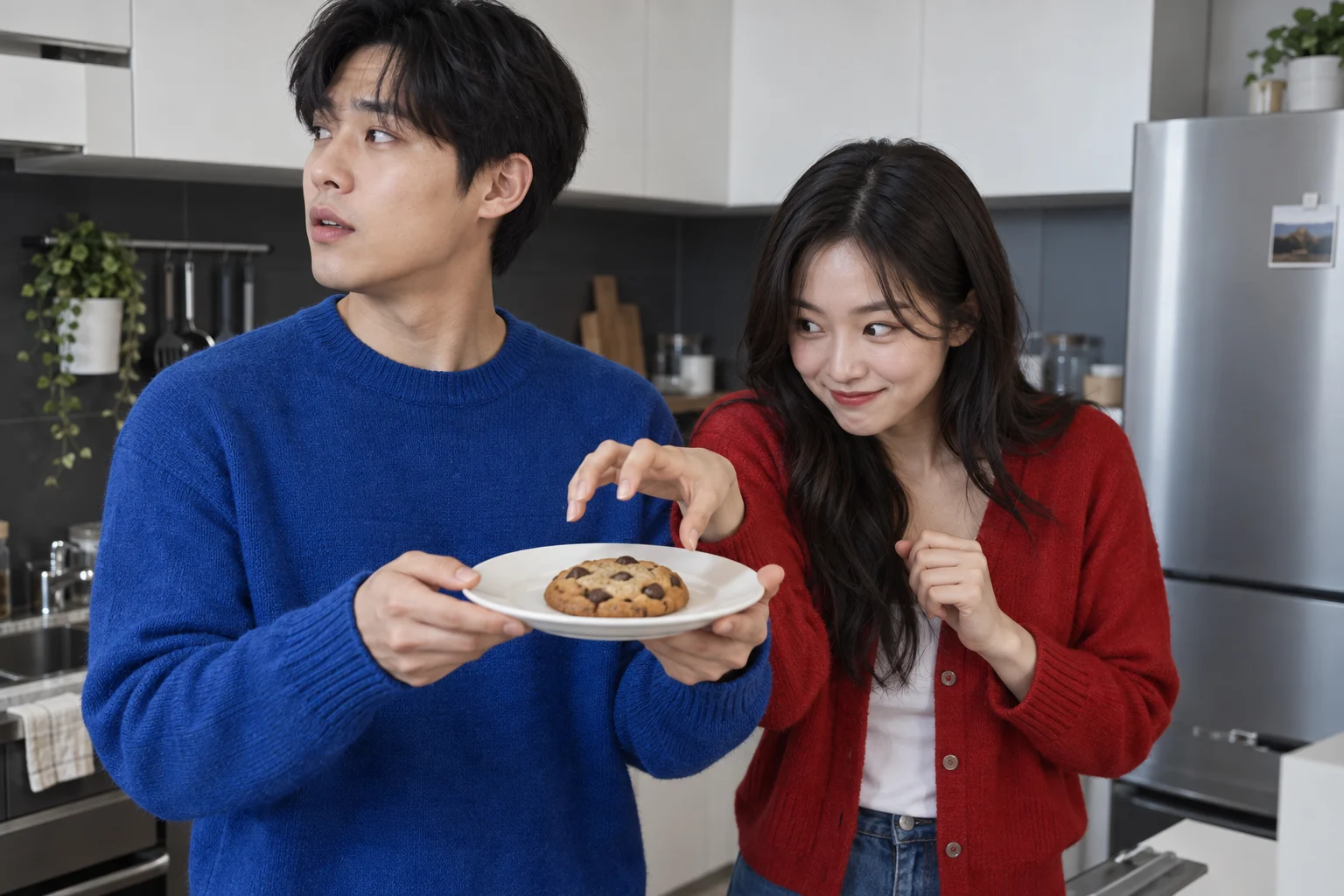 접시를 든 사람 옆에서 친구가 마지막 쿠키에 손을 뻗는 가상의 촬영 예시