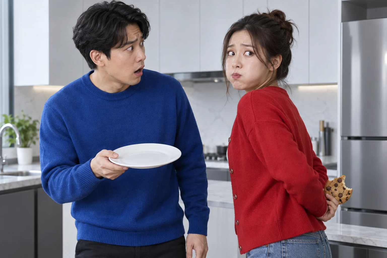 빈 접시를 보고 놀라는 사람과 등 뒤에 먹다 남은 쿠키를 숨긴 친구의 가상 장면